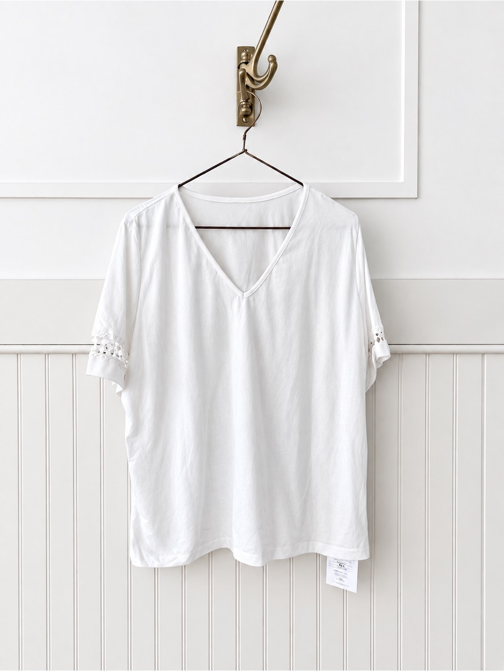 Women’s White V-Neck Short Sleeve Top with Eyelet Cuff